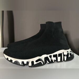 Balenciaga Black Sock Knit Slip-On Sneakers with Graphic White Sole
